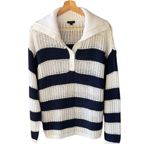 Talbots Like New SzL Petite Open Stitch Sailor Collar Sweater Blue White Stripe - Picture 2 of 10